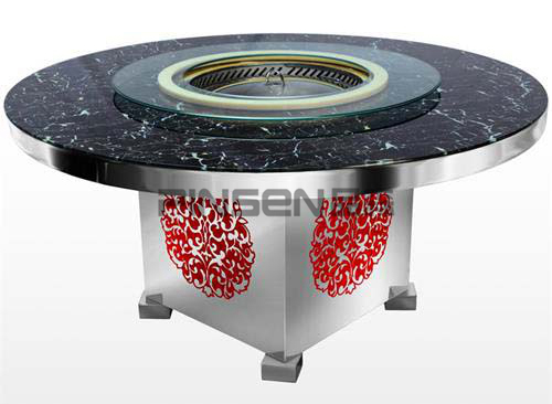 下沉式黑色大理石自凈化無煙圓形火鍋桌帶轉盤