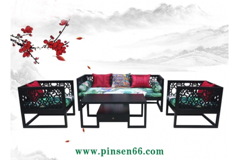 新中式布藝實木休閑桌子卡座沙發(fā)組合