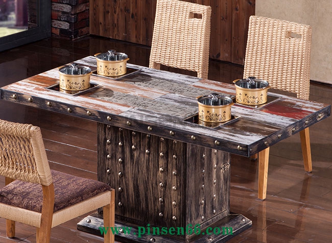 美式咖啡廳主題餐廳餐桌椅圓形鐵藝火鍋桌圓桌子組合復古工業(yè)風餐桌椅