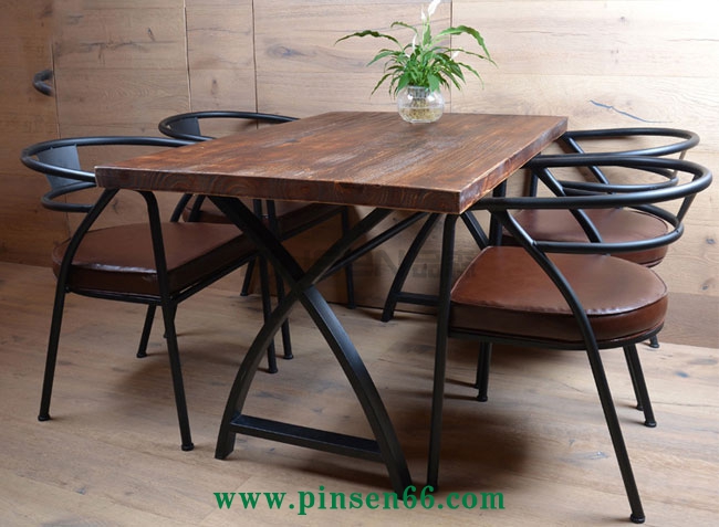 美式鄉(xiāng)村餐廳實木餐桌椅組合 長方形復(fù)古原木咖啡廳長桌子簡約餐桌椅