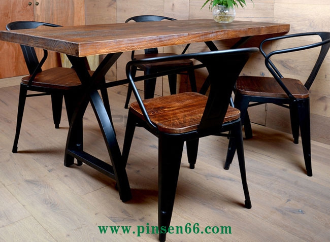 美式鄉(xiāng)村餐廳實木餐桌椅組合 長方形復(fù)古原木咖啡廳長桌子簡約餐桌椅