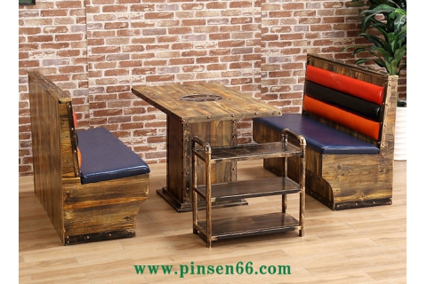 主題餐廳火鍋?zhàn)酪?復(fù)古工業(yè)風(fēng)碳化實(shí)木燒烤桌子 電磁爐烤涮一體