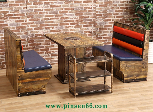 主題餐廳火鍋?zhàn)酪?復(fù)古工業(yè)風(fēng)碳化實(shí)木燒烤桌子 電磁爐烤涮一體